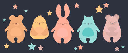 Flat Vector illustration set of cute sleeping animal including bear, rabbit, cat and owlのイラスト素材