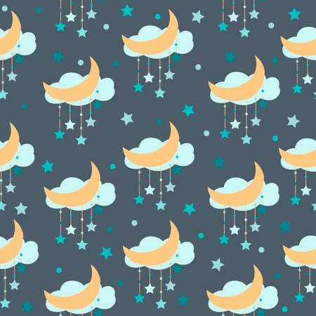 Seamless pattern mobile with moon,stars,cloud in flat design. For t-shirt print, kids nursery, baby shower, textile prinのイラスト素材