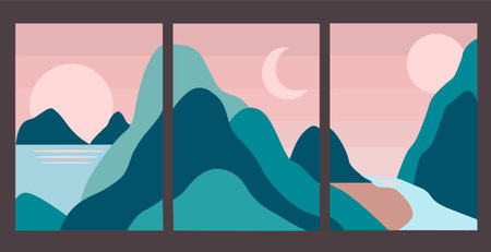 Set of hand drawn trendy vector landscape illustrations.のイラスト素材