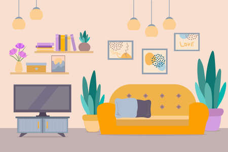Living room interior. Comfortable yellow sofa, shelf, book, TV and house plants. Flat style vector illustration.のイラスト素材