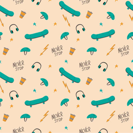 Abstract seamless vector pattern. Urban style modern background with skateboards. Sport extreme style creative wallpaperのイラスト素材