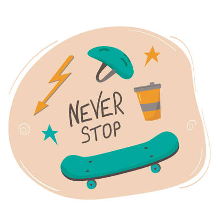 Skateboard icons, logos and labels. Vector illustration of flat design with skateboard, helmet, cup.のイラスト素材