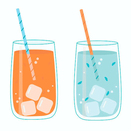 Collection of cocktails, summer non-alcoholic drinks with ice cubes and straws.のイラスト素材