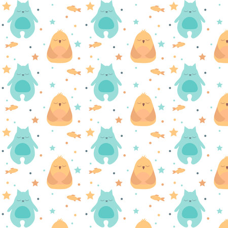 Seamless childish pattern with cat and bird, fish, stars. Creative kids texture for fabric, wrapping, textile, wallpaper, apparel. Vector illustrationのイラスト素材