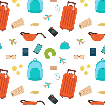 Pattern of tourist luggage and accessories. Summer exotic background of digital paper. Vector cartoon flat illustrationのイラスト素材