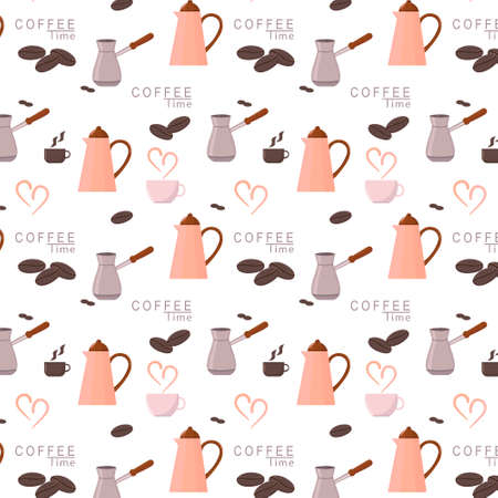 Different coffee mugs, pots and coffee makers. Seamless pattern. Coffee element and quote for cafe or kitchen vector wallpaper.のイラスト素材