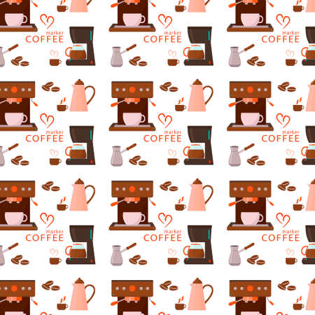 Seamless vector pattern of turk, ibrik, geyser coffee maker, coffee pot, coffee beans, cups. Vector seamless patternのイラスト素材