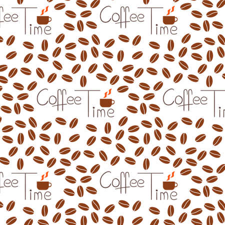 Seamless Coffee Bean Pattern with text Coffee time on White Background. Vector pattern in flat designのイラスト素材