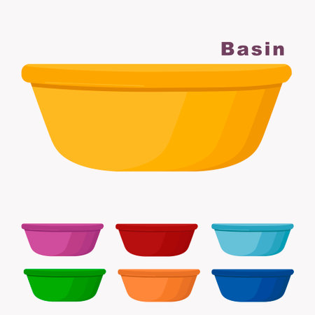 Set of home plastic basins. Collection of various basins for food and home cleaning. Vector set of containers illustration isolated on white.のイラスト素材