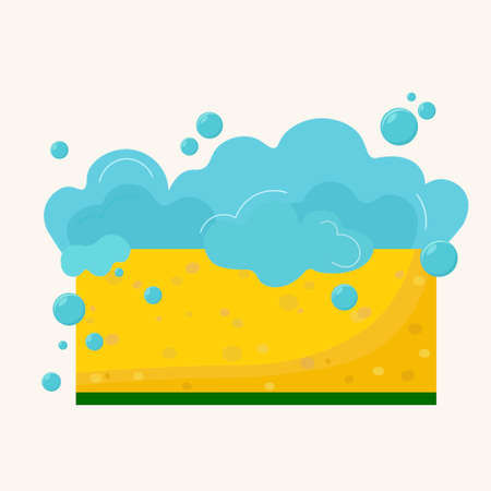 Flat design of cartoon sponge with foam. Dishes washing, household chores tool. Vector skincare, bath hygiene design element. Housework, kitchen cleaning sponge.のイラスト素材