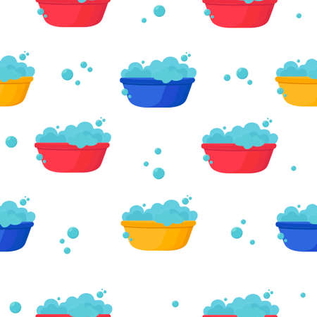 Seamless vector pattern of plastic basin with soap suds. Bowl with water. Washing clothes, cleaning equipment. flat styleのイラスト素材