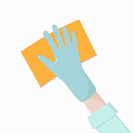 Cleaning napkin in the hands of a houseworker. Wipe with a cloth, microfiber, blue gloves. Work at home. Housekeeping service. Vector illustration flat design. The concept of disinfection.のイラスト素材