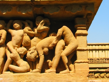 Stone carved erotic sculptures in Hindu temple in Khajuraho, Madhya Pradesh, Indiaの写真素材