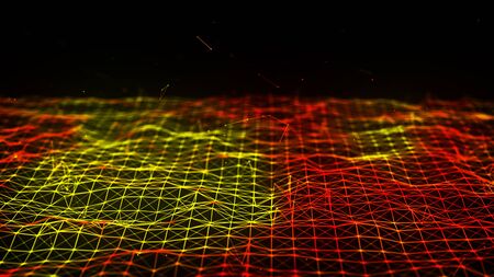 Network of bright connected dots and lines. Wave of gradient dots on black background. Abstract digital background. 3D rendering.の写真素材