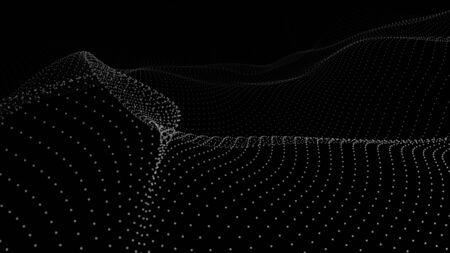 Abstract dynamic wave of particles. Big data. Low poly shape. Wave of gradient dots on black background. Futuristic vector illustration.の写真素材