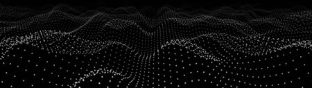 Abstract dynamic wave of particles. Big data. Low poly shape. Wave of gradient dots on black...