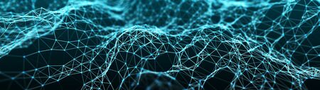 Network of bright connected dots and lines. Wave of gradient dots on black background. Abstract digital background. 3D rendering.の写真素材