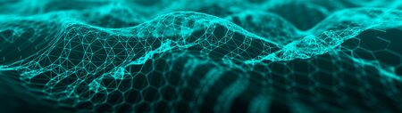 Network of bright connected dots and lines. Wave of gradient dots on black background. Abstract...