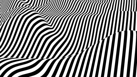 Abstract wave of white and black curved lines. Hallucination. Optical illusion. Twisted illustration. Futuristic background of lines. Dynamic wave. Vector illustration.のイラスト素材