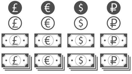 Coins and banknotes of dollar, euro, pounds sterling and rubles. Money cash icons set. Isolated flat vector illustration. EPS 10.のイラスト素材