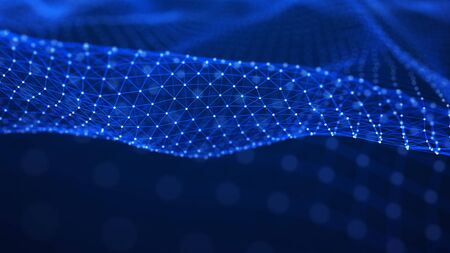 Network of bright connected dots and lines. Wave of gradient dots on black background. Abstract...