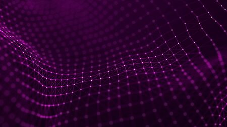 Network of bright connected dots and lines. Wave of gradient dots on black background. Abstract digital background. 3D rendering.の写真素材