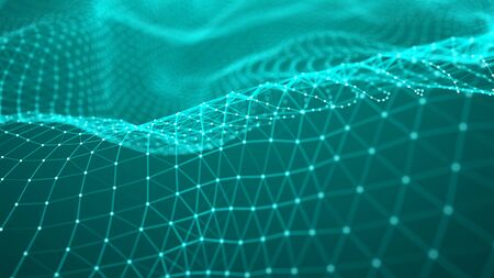 Network of bright connected dots and lines. Wave of gradient dots on black background. Abstract...