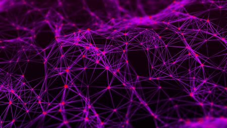 Network of bright connected dots and lines. Wave of gradient dots on black background. Abstract...