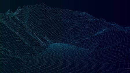 Vector wireframe 3d landscape. Technology grid illustration.のイラスト素材