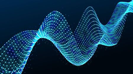 Wave with many dots. Network of bright particles connected by lines. Abstract digital background. 3d...