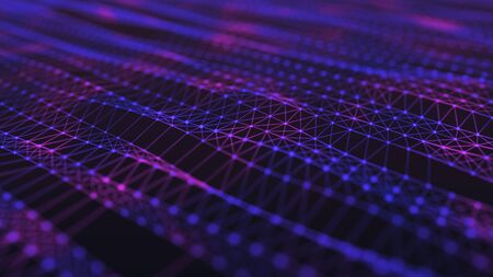 Network of bright connected dots and lines. Wave of gradient dots on black background. Abstract...
