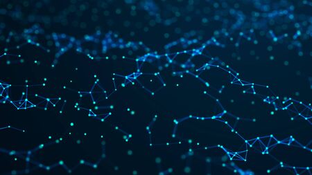 Network of bright connected dots and lines. Wave of gradient dots on black background. Abstract digital background. 3D rendering.の写真素材