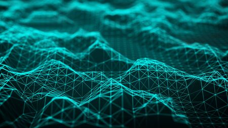 Network of bright connected dots and lines. Wave of gradient dots on black background. Abstract digital background. 3D rendering.の写真素材