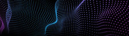 Abstract dynamic wave of particles. Network of bright points or dots. Big data. Digital background.のイラスト素材