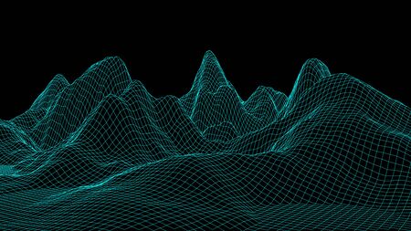 Vector wireframe 3d landscape. Technology grid illustration.のイラスト素材