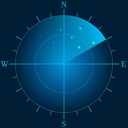Blue radar. Marine or military radiolocating display. Navy sonar. Detection screen. Futuristic HUD interface. Navigation interface. Vector illustration.のイラスト素材