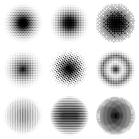 Set of simple halftones. Black gradient circles of dots, lines and squares. Vector illustration.のイラスト素材