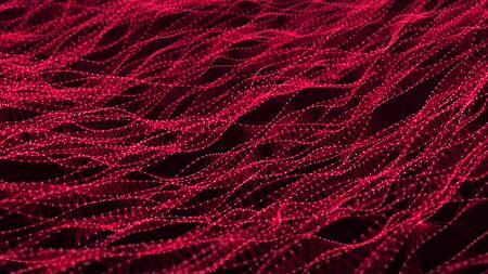DNA twisted structure. Network of dots connected by lines. Molecular abstract background. Big data visualization. Wave of bright particles. Sound wave. 3d rendering.の写真素材