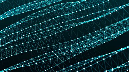 DNA twisted structure. Network of dots connected by lines. Molecular abstract background. Big data visualization. Wave of bright particles. Sound wave. 3d rendering.の写真素材