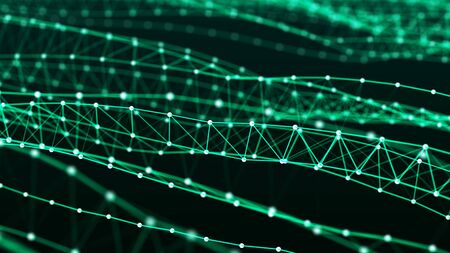 DNA twisted structure. Network of dots connected by lines. Molecular abstract background. Big data visualization. Wave of bright particles. Sound wave. 3d rendering.の写真素材