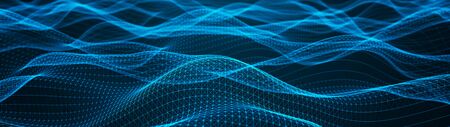 Network of bright connected dots and lines. Wave of gradient dots on black background. Abstract digital background. 3D rendering.の写真素材