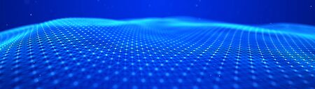 Network of bright connected dots and lines. Wave of gradient dots on black background. Abstract...
