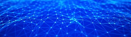 Network of bright connected dots and lines. Wave of gradient dots on black background. Abstract...