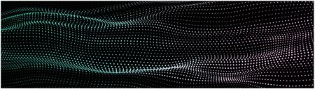 Abstract dynamic wave of particles. Network of bright points or dots. Big data. Digital background.のイラスト素材