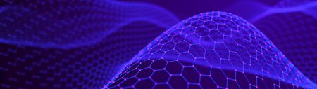 Network of bright connected dots and lines. Wave of gradient dots on black background. Abstract digital background. 3D rendering.の写真素材