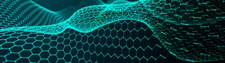 Network of bright connected dots and lines. Wave of gradient dots on black background. Abstract...