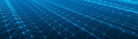 Network of bright connected dots and lines. Wave of gradient dots on black background. Abstract...