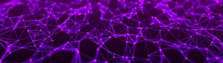 Network of bright connected dots and lines. Wave of gradient dots on black background. Abstract digital background. 3D rendering.の写真素材