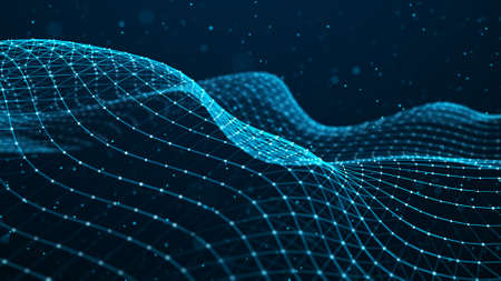 Network of bright connected dots and lines. Wave of gradient dots on black background. Abstract...