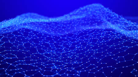 Network of bright connected dots and lines. Wave of gradient dots on black background. Abstract...